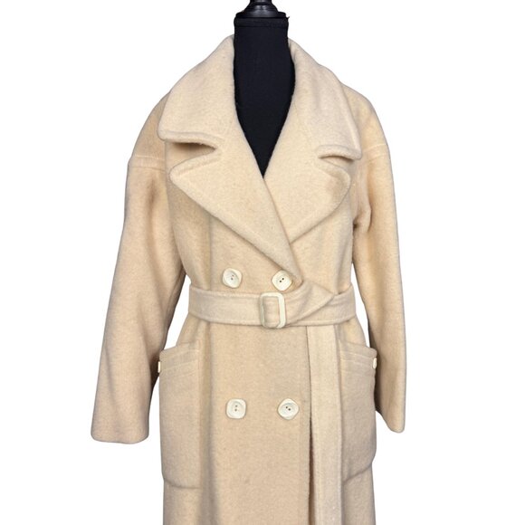 Vintage 70s Wool Trench, Cream Long Belted Overcoat, Pure Virgin Wool Peacoat - Picture 5 of 9